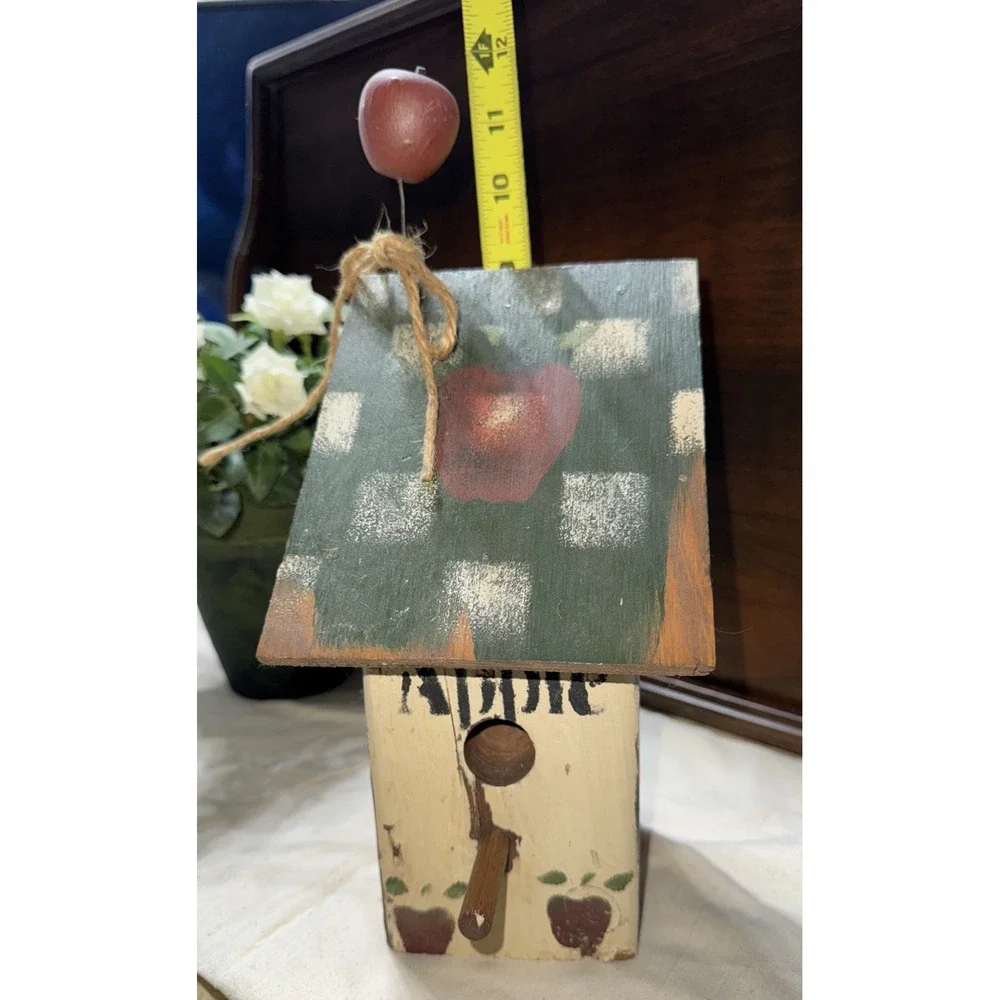 Decorative Wooden Bird House Green Color Features Squares Colors, Apple On Top‎